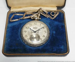 Antique Art Deco Elgin 12s Mens White Gold Filled Pocket Watch W Chain Box