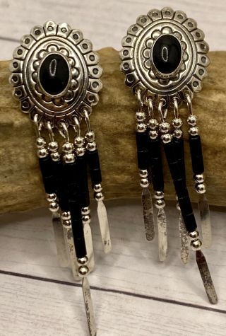 Vtg Old Dead Pawn Navajo Sterling Silver Black Onyx Stud Dangle Earrings