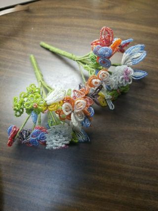 2 Vintage French Glass Beaded Multi Colored Flower Bouquet
