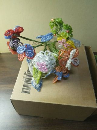 2 Vintage French Glass Beaded Multi colored Flower Bouquet 2