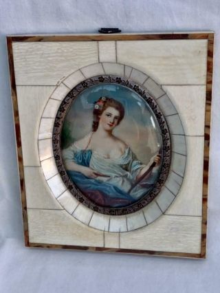 Signed Antique Portrait Miniature Painting Of A Woman In Piano Key Frame.