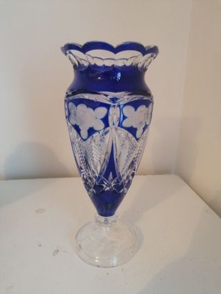 Stunning Bohemian Antique 19thc Blue Cobalt Cut Glass Vase
