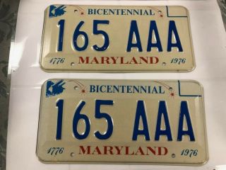 Antique Vintage Pair Bicentennial Maryland 1776 - 1976 Collectible License Plates