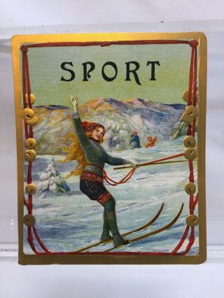 Rare Antique Sport Cigar Box Label Woman On Skis Embossed Winter Scene