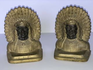 Antique Vintage Bronze & Gold Metal Native American Indian Chief Bookends