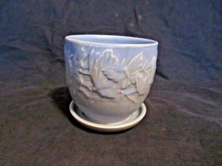 Vintage Mccoy Art Pottery Blue Glaze Butterfly Line Flower Pot With Tray