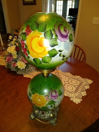 Gone With The Wind Hurricane Lamp Hand Painted Purple & Yellow Floral Roses