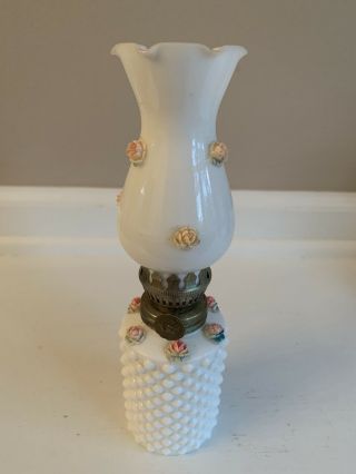 Vintage Milk Glass Hobnail Glass Small Oil Lamp W/ Applied Roses 8”