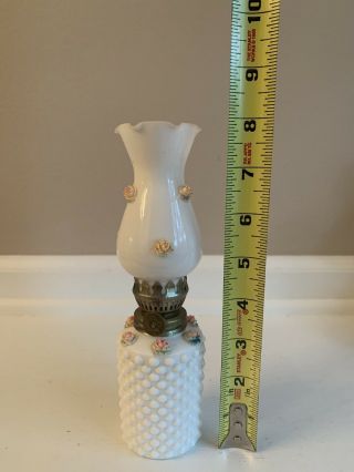 Vintage Milk Glass Hobnail Glass Small Oil Lamp W/ Applied Roses 8” 2