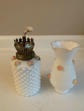 Vintage Milk Glass Hobnail Glass Small Oil Lamp W/ Applied Roses 8” 3