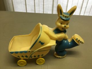 Vintage Hard Plastic Rabbit Pushing A Baby Buggy 10 " Long And 8 " Tall With Wheel