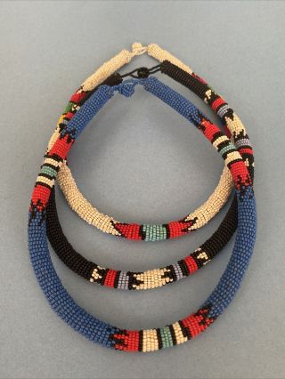 Set Of 3 Vintage Native American Seed Bead Handmade Choker Necklace - 20 1/2 "