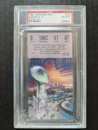 1992 Bowl Xxvi Ticket Stub Washington Redskins Buffalo Bills Psa 8