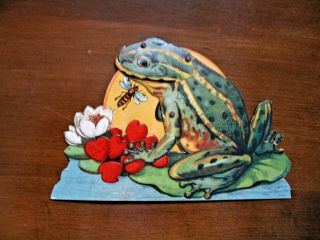 Vintage Mechanical Die - Cut Valentine Card Frog W/ Bee; Opens Mouth; Eats Heart