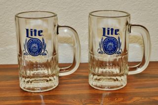 (2) Vintage Miller Lite Glass Beer Mug With Handle - Ribbed Base - 5 1/2 " Tall
