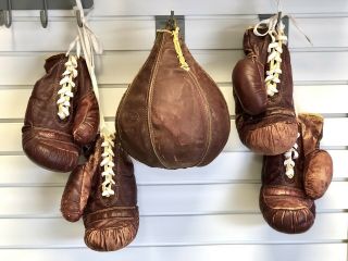 Two (2) Pairs Vtg J.  C Higgins Leather Boxing Gloves Matching Punching Bag Sears