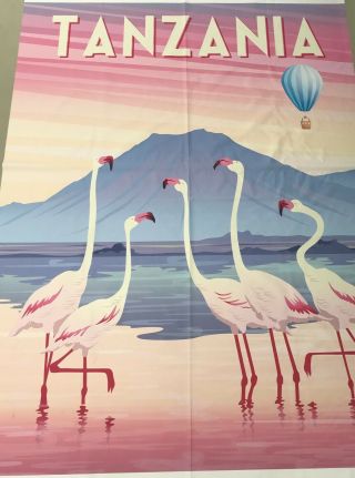 Travel Themed Banner Poster Vintage Style Printed Fabric Tanzania Flamingo Pink