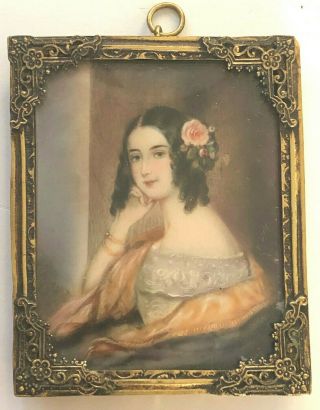 Antique Miniature Portrait Painting Of A Woman In Brass Frame