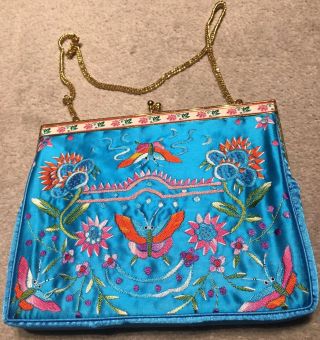 Vintage Embroidered Chinese Silk Evening Bag Turquoise