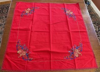 Vtg Tablecloth Red Linen Hand Embroidered Blue Yellow Flowers Bow Lace 34” Sq