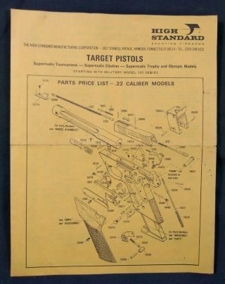 Vintage 1968 High Standard Target Pistols Parts Price List.  22 Caliber Models