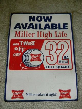 Vintage Miller High Life Beer 32oz.  Quart Bottle Cap Sign Milwaukee Wisconsin
