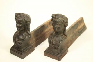 Antique French Cast Iron Figural Head Lady Bust Fireplace Andirons Fire - Dogs