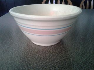 Vintage Mccoy Pottery Pink & Blue Striped 10 " Mixing Bowl Oven Ware Usa