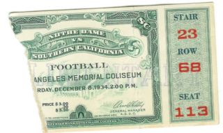 1934 Notre Dame Vs Southern Cal Usc College Football Ticket Stub