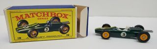 Vintage Matchbox Lesney Lotus Racing Car 19 W Box Diecast Car Green Stripe