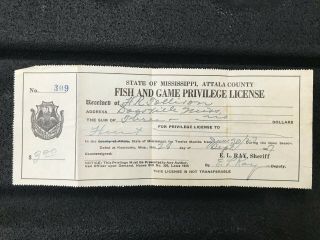 Antique 1927 Attala County,  Mississippi Paper Hunting Fish & Game License