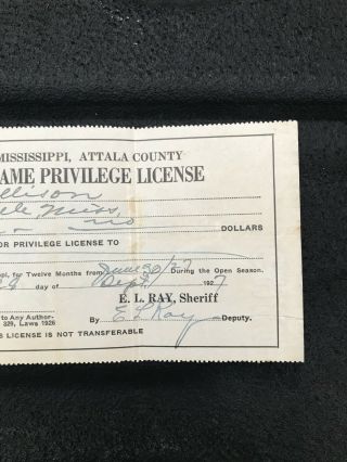 Antique 1927 ATTALA COUNTY,  MISSISSIPPI paper hunting fish & game license 2