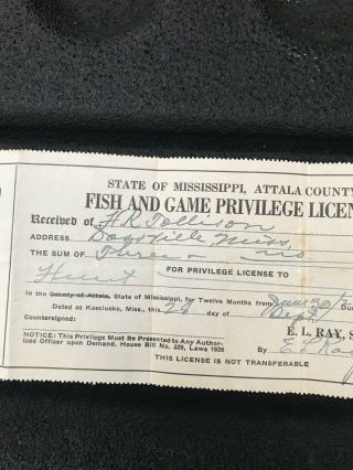 Antique 1927 ATTALA COUNTY,  MISSISSIPPI paper hunting fish & game license 3