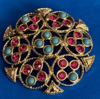 Vintage Sarah Coventry Pink Rhinestone & Faux Turquoise Silver Tone 2” Brooch