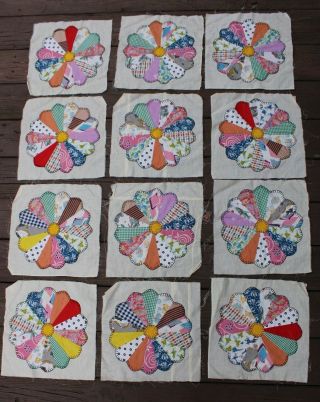 Vtg Antique 12 Handmade Quilt Blocks Multicolor Patch Feedsack Circle Applique