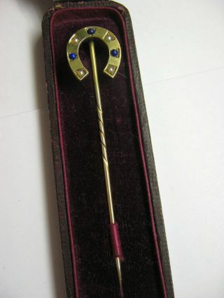 Antique 15 Carat Gold,  Lapis Lazuli & Seed Pearl Horseshoe Stick Pin Cased