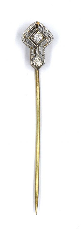 Antique Edwardian Diamond Fancy Filigree Stick Pin Brooch 14k Yellow White Gold