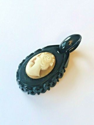 Victorian Mourning Whitby Jet Carved Pendant Antique Shell Cameo