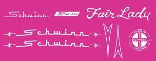 Schwinn Fair Lady Stingray Water Slide Decal White Text,  Laser Print Pink Backing