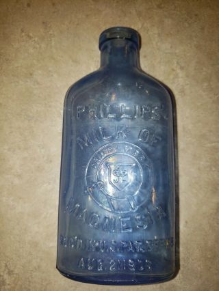 Vintage Blue Bottle,  Phillips.  Milk Of Magnesia Regd In Us Pat Office Aug 21 1906