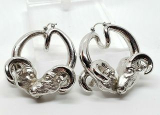 Stunning Vintage Carla Sterling Silver & 14k Gold Rams Head Hoop Dangle Earrings