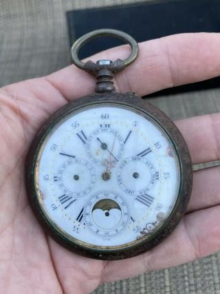 Antique 15 Jewel Triple Date Moon Phase Pocket Watch Gunmetal Case Restoration