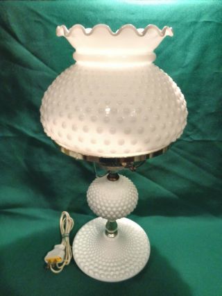 Vintage Milk Glass Hobnail Hurricane Table Lamp Ruffle Shade