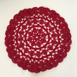 8” Vintage Handmade Crochet Deep Red Doily Doilie Wedding