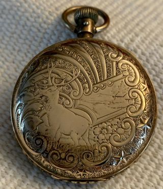 Antique Hunter Pocket Watch Case Gold Plated Case W/ Stag Deer