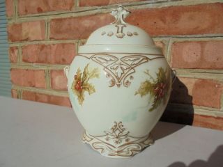 Antique Ohme Silesia Old Ivory Porcelain Holly Pattern Cov Biscuit Jar Clairon