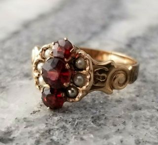 Antique 10k Garnet And Pearl Yellow Gold,  Size 6 1/2 Ring,  Broken Band,