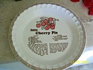 Vintage Watkins 11 " Deep Dish Ceramic Pie Plate W/ Cherry Pie Recipe Baking