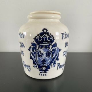 Vintage French Mustard Jar Painted Milk Glass Blue White Design