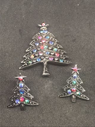Vintage Silver Tone Rhinestone Christmas Tree Pin Brooch Clip Earrings Set
